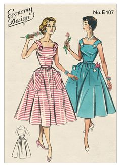 1950's Summer Dress with wide square neckline,  belted waist and gathered skirt, with large patch  pockets. Buttons trim the pockets and tabs on  shoulders.  The pattern is Bust 34 ins. Wast 27 ins. Suggested fabric: Cottons, Rayon, Linens and Silk. The PDF Multi-page Pattern comes with Step by Step Instructions and a helpful sewing guide PLEASE NOTE: When printing the pattern from the PDF, you must  choose actual size or 100% and print the test page  to make sure you have your printer set corre Sewing Patterns 50s Dress, Economy Design, Mode Rockabilly, Rockabilly Mode, Summer Dress Sewing Patterns, Vintage Clothes Patterns, 1950s Sewing Patterns, Sewing Vintage, Patron Vintage