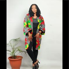 African Print Blazer Fully Lined 2 Sided Pocket Can Be Worn With Pants, Skirt, A Dress Ankara Kimono Jacket, African Print Jacket, Heritage Clothing, Kimono Online, Ankara Jackets, African Ankara, African Print Fabric, Long Jacket, Yellow Fabric