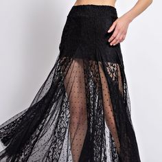 Introducing The Mesh Lace Maxi Slip Skirt, A Total Game-Changer In The Lace Tulle Department! With Its 3d Layered Effect, Lace And Dot Details, And Smocked Waistband, It's A True Curve-Hugger. Plus, The 90% Nylon And 10% Spandex Combo Makes It A Comfy And Stylish Wardrobe Staple. Perfect To Wear Shorts Or Jeans Underneath. Maxi Slip Skirt, Long Lace Skirt, Stylish Wardrobe, Slip Skirt, Lace Maxi, Game Changer, Wardrobe Staples, Lace Skirt, Black Women