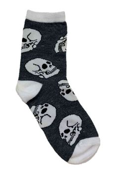 Halloween Crew Sock ~ Size 4-6, Shoe Size 7-10 (Skulls on Gray)   This is for a pair of Halloween themed socks. Style: Skulls on Gray. Size 4-6, Shoe Size 7-10. Images feature white skulls on grey crew socks with white heel-toe. These fun socks are fun, fashionable, warm and cozy, making them perfect for celebrating in style.  Machine wash warm with non-chlorine bleach when needed.  Tumble dry low.  97% Polyester, 3% Spandex Emo Socks, Goth Socks, Y2k Socks, Skull Socks, Emo 2000s, Mcu Dr, Silly Socks, 2000s Emo, Clothing Board