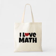 a tote bag with the words i love math printed on it in black and red