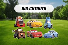 the cars are all different colors and sizes in front of a large field with trees