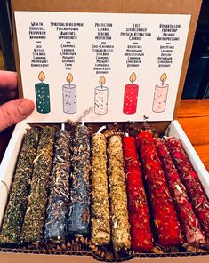 a box filled with lots of different colored candles