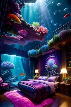 an underwater bedroom with fish and corals on the ceiling, along with purple carpeting