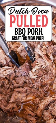 pulled bbq pork is being cooked in a pot with a spatula on the side