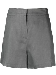 ash grey linen/flax tailored design high-waisted concealed front fastening two side inset pockets two rear welt pockets Conscious: This item contains at least 50% low-impact materials, which are certified or widely recognised as having a lower environmental impact. Yoko London, Tailored Shorts, Tailored Design, Exclusive Fashion, Gray Linen, Lady Dior, Ash Grey, Jacket Tops, Short Outfits