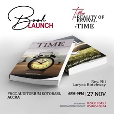 an advertisement for a book launch with a clock on the front and back cover that reads time