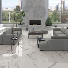 a modern living room with marble flooring and large windows