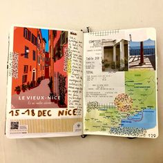 an open book with pictures and words on it's cover, showing the location of different buildings