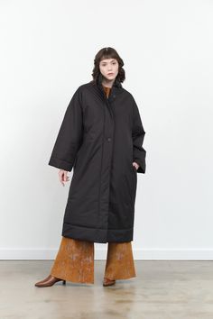 Studio Nicholson Pallan Padded Long Coat in Black Studio Nicholson, Cozy Season, Long Jacket, Knit Tees, Sweater And Shorts, The High, High Collar, Long Coat, Black Coat