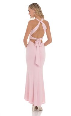 Twist V-Neck Maxi Dress in Pink | LUCY IN THE SKY Light Pink Long Dress, Light Pink Prom Dress, Coral Prom Dress, School Dance Dresses, Pink Satin Dress, Cruise Dress, Deb Dresses, High Neck Maxi Dress, Pink Long Dress