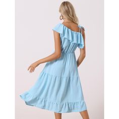 Looking for a charming and elegant dress for your next summer beach getaway? Check out this stunning sleeveless dress with a one-shoulder design, tie strap, ruffled neckline, and a tiered ruffle hem. The midi-length dress comes in a solid color and is perfect for a boho-chic look. The elastic waist makes it comfortable to wear, while the flowy and airy A-line shape complements most body shapes. The cute ruffle skirt adds a playful touch to the dress, making you look more beautiful and elegant. S Blue Ruffled Straps Sundress For Beach, Beach Dresses With Ruffled Straps, Blue Ruffled Straps Sundress For Summer, Blue Sundress With Ruffled Straps For Vacation, Blue Sundress With Ruffled Straps For Summer, Beach Season Dress With Ruffled Straps And Details, Breezy Vacation Dress With Ruffled Straps, Beach Season Dresses With Ruffles And Ruffled Straps, Beach Season Dress With Ruffles And Ruffled Straps