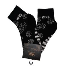 New With Tags! Half Crew Sock With Peace Sign And Florals On Them Black Socks For Fall Streetwear, Black Fall Streetwear Socks, Casual Black Socks For Fall, Black Casual Socks For Streetwear, Casual Black Socks For Streetwear, Vans Women, Van Accessories, Vans Black And White, Crew Sock