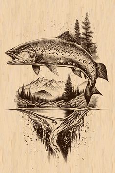 a drawing of a fish jumping out of the water with mountains and trees in the background