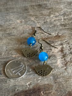 Earrings Vintage Blue Beaded Drop Earrings, Vintage Blue Dangle Beaded Earrings, Blue Round Beads Pierced Earrings, Blue Pierced Earrings With Round Beads, Blue Hypoallergenic Vintage Earrings, Vintage Blue Hypoallergenic Earrings, Bird Charm, Star Gift, Glass Ball