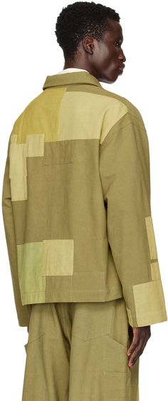 Lightweight plain-woven kaduka-dyed slub organic cotton jacket. Patchwork detailing throughout. · Spread collar · Button closure · Patch pockets · Unlined · Naturally-dyed corozo nut hardware Supplier color: Olive loved Olive Cotton Outerwear With Patch Pockets, Olive Cotton Utility Jacket With Button Closure, Olive Long Sleeve Cotton Utility Jacket, Cotton Utility Jacket With Patchwork, Cotton Patchwork Utility Jacket With Long Sleeves, Cotton Patchwork Utility Jacket, Jacket Patchwork, Story Mfg, Naturally Dyed