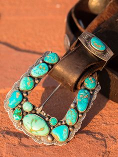 One of my favorite things to design, sterling silver and American turquoise "Ranger" buckles are inspired, artful creations. They look amazing with our vintage latigo belts or Wild West turquoise concho belts. This set is unique that it has a top, keeper, and A beautiful combination including natural Piolet Mountain and Royston turquoise. Our On the Range finish 3.5 to 4 inch size range. Please contact me for availability and pricing. I do my best to keep these in production, but often times hav Southwestern Turquoise Concho Belt Buckles, Western Turquoise Belt With Concho, Turquoise Western Belt With Concho, Vintage Turquoise Belt With Concho, Southwestern Turquoise Jewelry With Antique Buckle, Turquoise Bohemian Belt With Concho, Turquoise Bohemian Belt Buckle With Antique Detail, Concho Belts, Nfr Outfits