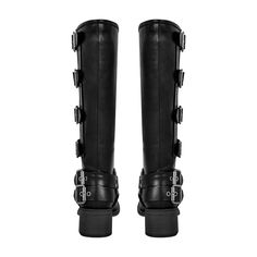 These stylish Metal Rivet Buckle Women Gothic Black Knee High Boots are designed with an eye-catching metal rivet buckle and made with a sturdy PU lining and strong rubber outsole to provide reliable long-term wear. Designed by 4COLORDRESS