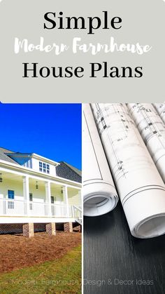 a white house with the words simple modern farmhouse house plans on top and below it