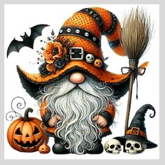 an image of a halloween gnome with pumpkins