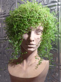 a mannequin's head covered in green plants