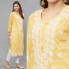 Nibs Tog Women's Lucknowi Chikankari Hand Embroidered Straight Cotton Kurti Pant Set Yellow Introducing the Women's Lucknowi Chikankari Hand Embroidered Straight Cotton Kurti Pant Set in Yellow, a stunning fusion of elegance and comfort. This exquisite garment is meticulously crafted with intricate Lucknowi Chikankari hand embroidery, adding a touch of artistic charm to your wardrobe. Shop More Chikankari outfits by Nibs Tog on our Shop : https://www.etsy.com/in-en/shop/NibsTog Fabric & Fit: Immerse yourself in sheer luxury as you experience the softness of the high-quality cotton fabric against your skin. Its straight cut ensures a flattering fit for every body type, highlighting your natural curves with grace and sophistication. But it's not just about style; this kurti offers incredible Chikankari Outfits, Kurti Pant Set, Yellow Kurti, Chikankari Kurta, Flower Background Images, Lucknowi Chikankari, Kurtis With Pants, Cotton Kurti, Flower Background