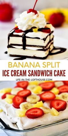 banana split ice cream sandwich cake with whipped cream and strawberries in the bottom layer