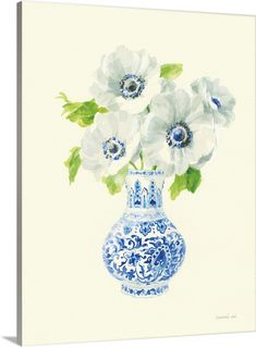 a painting of white flowers in a blue and white vase