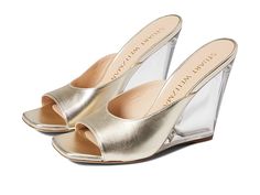 Stuart Weitzman Tia 100 Lucite Wedge - Women's Shoes : Platino : Keep it simple and elegant wearing the Stuart Weitzman Tia 100 Lucite Wedge heels. Textile upper. Slip-on style. Wedge heels. Square toe design. Signature brand detailing on the insole. Leather outsole. Imported. Measurements: Heel Height: 4 in Weight: 10 oz Product measurements were taken using size 9, width B. Please note that measurements may vary by size. Weight of footwear is based on a single item, not a pair. Fab Shoes, Toe Designs, Keep It Simple, Stuart Weitzman, Wedge Heels, Victoria Secret, Heeled Mules, Mule Shoe, Women's Shoes