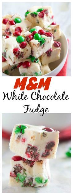 white chocolate fudge with m & m candy on top and the words m & m white chocolate fudge above it