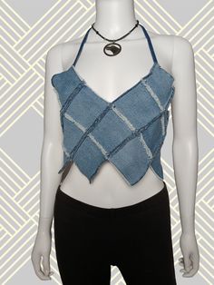 Retro cropped denim festival V-neck  halter with patchwork style, raw edges, pixie points and adjustable neck and waist ties.One Size1 of 1 Trendy Summer Patchwork Crop Top, Trendy Spring Patchwork Crop Top, Spring Trendy Patchwork Crop Top, Blue Denim Patchwork Top For Summer, Summer Denim Top With Patchwork, Fitted Patchwork Crop Top For Spring, Summer Blue Patchwork Denim Top, Denim Blue Cropped Cotton Crop Top, Denim Blue Patchwork Tops For Summer