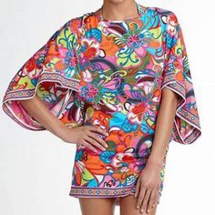 - Multicolored Fiji Flower Print - Banded With Contrasting Border Envelops - Open Back With Ties - Kimono Sleeves - 91% Nylon, 9% Spandex - Hand Wash Cold Separately, Line Dry - Size L (Measurements Lying Flat And Undtretched, Please See Photos For Measurement)(First Three Photos Are Stock, Only Shows Look) - New Without Tag, In Excellent Condition Colorful Printed Beachwear Dresses, Vibrant Tropical Print Short Sleeve Dress, Multicolor Short Sleeve Mini Dress For Garden Party, Tropical Multicolor Mini Dress For Vacation, Chic Beach Dress With Bold Print, Vibrant Multicolor Short Sleeve Mini Dress, Pink Dresses With Bold Print For Spring, Multicolor Floral Print Beachwear Dress, Pink Printed Beachwear Dress