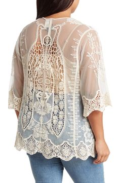 Bring elegant style to any outfit with this tie-front top crafted in a sheer silhouette with scalloped crochet lace trim. 30" length (size 1X) V-neck Three-quarter sleeves Tie front Sheer Crochet lace trim 65% cotton, 35% polyester Hand wash, line dry Imported Model stats: 5'10" height, 41" bust, 36" waist, 48" hip. Model is wearing size 1X. Novelty Crochet, Crochet Trim, Crochet Lace, Nordstrom Rack, Nordstrom, Mesh, Trim, Crochet, Lace