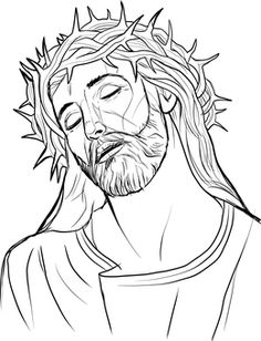 a black and white drawing of jesus with his head in the crown of thorns