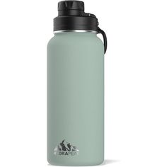 a green water bottle with a black lid and handle on the side, sitting against a white background