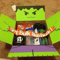 an open cardboard box with various items in it and the words, get bulk like hulk