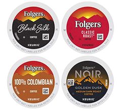 four different types of coffees are shown in this image with the words folgers on them