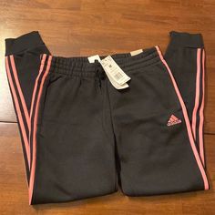 Adidas Pants, Black With Pink Stripes Fitted Pink Adidas Bottoms, Adidas Fitted Sweatpants For Spring, Pink Stretch Adidas Bottoms, Pink Adidas Pants For Loungewear, Adidas Stretch Sweatpants For Spring, Adidas Black Pants For Spring, Adidas Pink Sports Pants, Adidas Casual Pink Pants, Adidas Black Bottoms For Loungewear