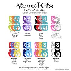 an advertisement for the atomic kits color combination ideas, which are available in multiple colors