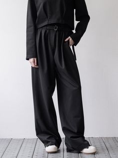 Composition : 80% polyester, 16% cotton, 4% rayonColor : blackCountry of Origin : China Casual Wide-leg Pants With Belted Cuffs, Black High Waist Bottoms With Belt Detail, Black High-waist Bottoms With Belt Detail, High Waist Black Bottoms With Belt Detail, Black Straight Leg Bottoms With Belt, Cotton Wide Leg Pants With Belt, Black Belted Wide Leg Bottoms, Belted Wide Leg Cotton Pants, Black Straight Leg Pants With Belt