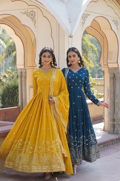 Designer yellow gown for women USA, Indian ethnic Georgette gown for festive, Indian dressing gown for function, wedding gown for bridesmaid GOWN   :- 👇 Color : 1) Yellow Brown 2) Blue Dianne  👉🏻 GOWN   :- 👇 👉🏻 FABRIC & WORK:- Faux Georgette with Zaria & Sequins Embroidery. 👉🏻SIZE:-M(38''),L(40''),XL(42''),XXL(44'') 👉🏻LENGTH:-56 INCH 👉🏻FLAIR:-3.5 Mtr 👉🏻LINING:-Cotton (Full Inner Top To Bottom) 👉🏻SLEEVE:-Full Sleeves 👉🏻NECK TYPE:-Fancy V Neck 👉🏻DUPATTA :-👇🏻 👉🏻FABRIC :- Fau Georgette Gown, Gown With Dupatta, Fabric Work, Yellow Gown, Party Wear Gown, Anarkali Gown, Luxury Wear, Party Kleidung, Gowns Online