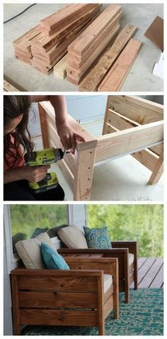 three pictures showing how to make a bench out of pallets and wooden planks