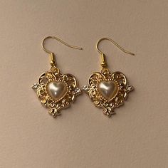 Handmade Rococo / Vintage Heart Earrings Cute Heart-shaped Metal Earrings, Vintage Double Heart Pierced Earrings, Gold Heart-shaped Pearl Earrings For Pierced Ears, Heart-shaped Gold Pearl Earrings For Pierced Ears, Cute Gold Heart Earrings For Pierced Ears, 1800s Earrings, Rococo Earrings, Gold Heart Earrings, Hot Springs National Park