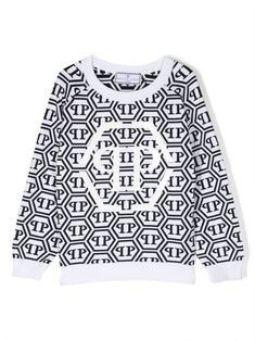 white/black cotton intarsia-knit logo logo print to the front crew neck ribbed cuffs and hem Knit Logo, Logo Sweatshirt, Boys Hoodies, Philipp Plein, Boys Top, Logo Print, Boy's Clothing, Black Cotton, White Black