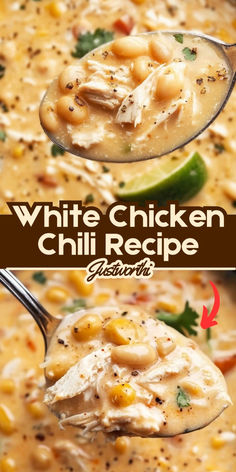 a spoon full of white chicken chili recipe on top of a bowl with the title above it