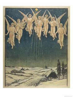 an old fashioned christmas card with angels flying over the snow covered ground and stars in the sky