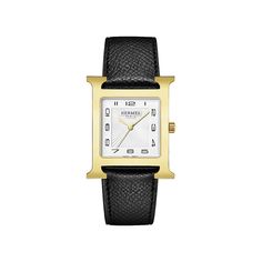 Hermes Heure H Gold Plated Watch Timeless Gold Watch With Palladium Hardware, Modern Yellow Gold Watches With Leather Strap, Modern Yellow Gold Watch With Leather Strap, Timeless Yellow Gold Watches For Work, Luxury Gold Watch Accessories For Work, Timeless Yellow Gold Leather Watch, Yellow Gold Watch With Leather Strap And Rectangular Dial, Formal Gold-tone Watch With Rectangular Dial, Modern Formal Watches With Gold-tone Hardware