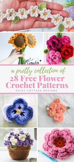 crochet flower patterns with text overlay that says 28 free flower crochet patterns