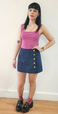 "14\" Blue Striped Denim Mini Skirt, Navy Blue Mini Skirt, Striped Blue Denim Mini Skirt,Mini Skirt, Vintage Fabric Denim Skirt, Made to Order * 14\" Length mini skirt * Wrap skirt with button closure * Vintage fabric, navy blue denim with light blue stripes * Gold metal front left side closure * 100% Cotton, machine wash cool setting, dry on medium setting, iron as needed. MODEL is 5' 7\", weight 120 lbs, wearing size 4 Small skirt. SHIPPING TIME Each piece is made to order.  Allow 1 week for p Navy Blue Mini Skirt, Mini Skirt Vintage, Blue Denim Mini Skirt, Floral Shirt Women, Mini Wrap Skirt, Small Skirt, Raglan Sleeve Top, Fabric Navy, Skirt Wrap