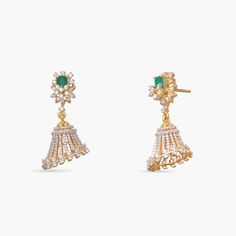 Description : Experience the charm of our 925 silver opulent floral jhumka earrings. These earrings feature sparkling CZ stones and a stunning semi-precious emerald stone at the top, along with delicate leaf designs forming the shape of jhumka for a timeless style. Product Information : Metal: 925 Silver with Gold & White Gold Plating Length: 4cm Stones: Semi precious stones Elegant Green Jhumkas For Reception, Elegant Dangle Jhumkas, Elegant Dangle Jhumkas With Cutdana, Diamond Earrings With Latkans For Diwali, Elegant Cutdana Dangle Jhumkas, Elegant Festive Jhumkas With Cubic Zirconia, Festive Diamond Earrings With Latkans, Traditional Green Diamond Earrings, Green Earrings For Reception And Festive Occasions